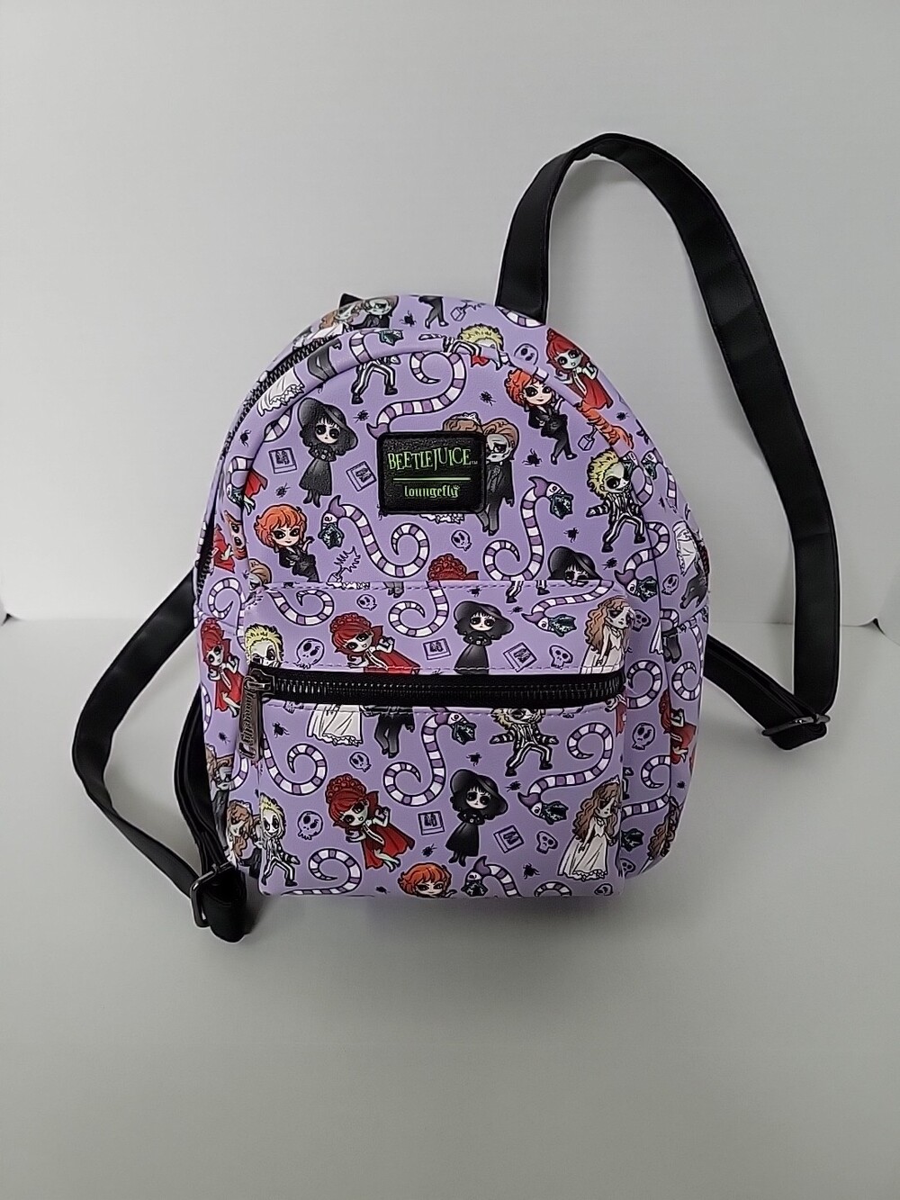 Loungefly "Beetle Juice" Print Movie Characters Mini Backpack Purple Cartoon
